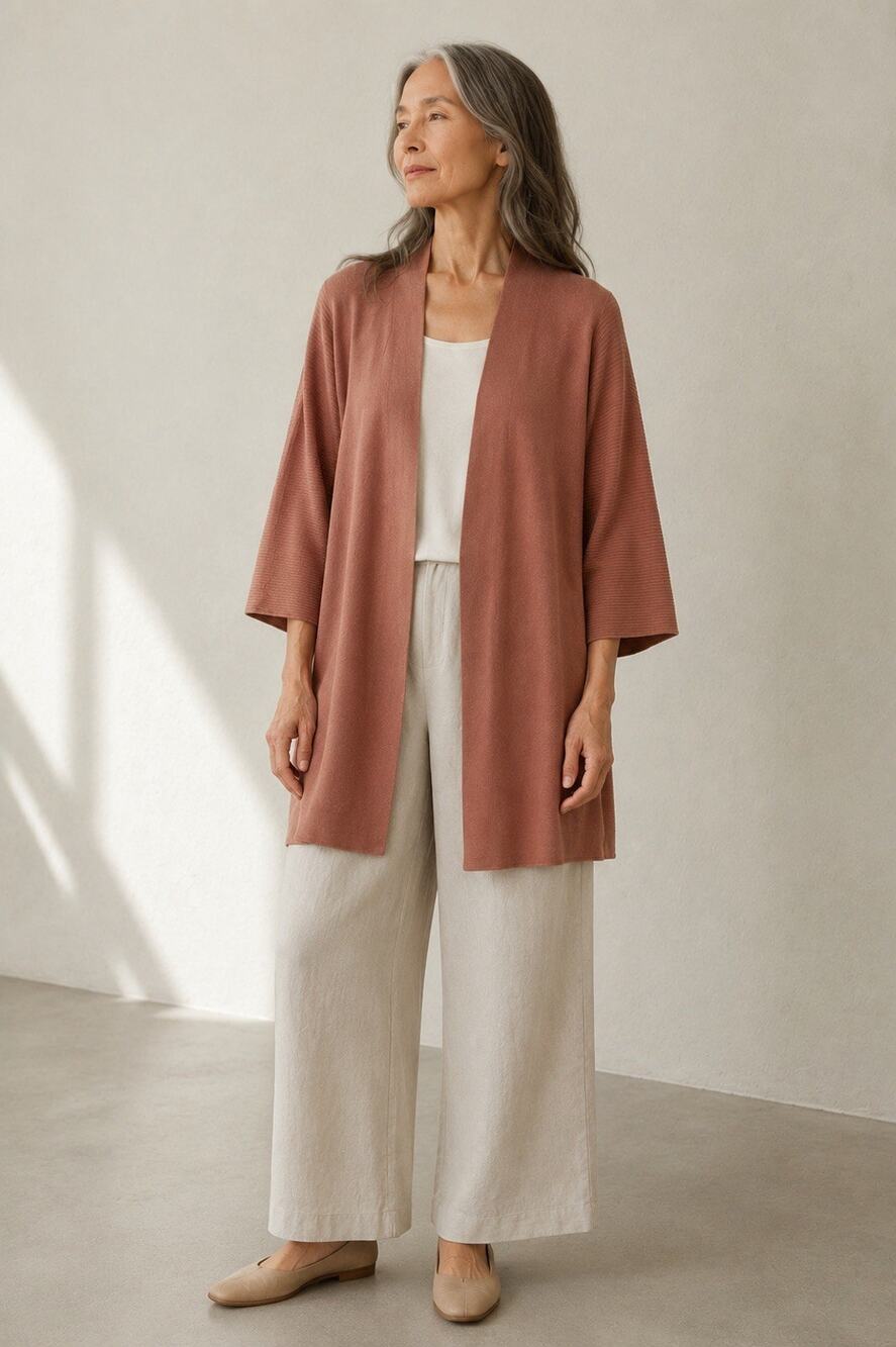 Eileen Fisher Open Front Long Cardigan Duster Sweater Minimalist Taupe Sz Small
